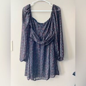 O.P.T. West paisley print long sleeve square neck mini dress with elastic neck.